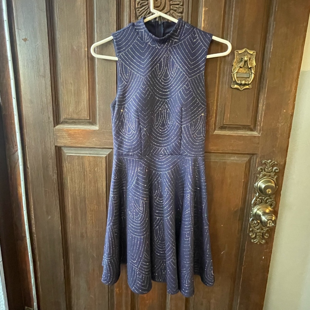 City Studio Women sz 5 navy blue dress glitter geometric sleeveless high neck